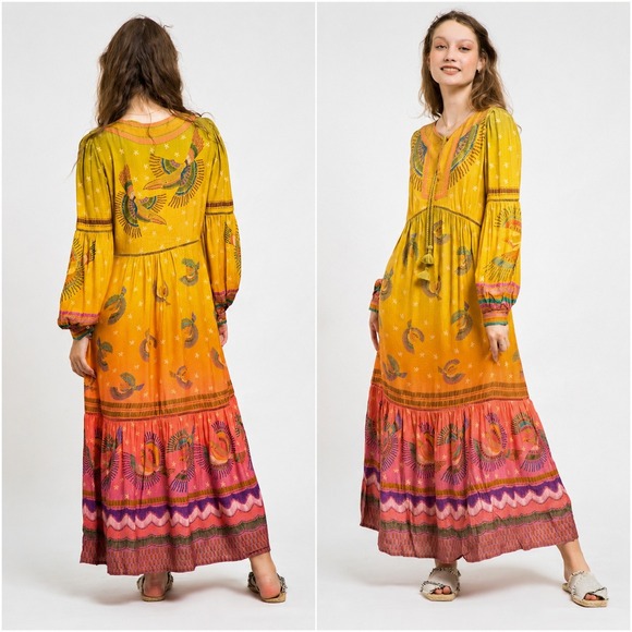 FARM Rio Dresses & Skirts - Farm Rio Yellow Ombre Bird Print Metallic Lurex Maxi Dress Womens Medium Boho